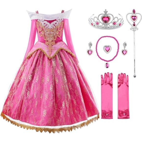 Kids Girls Pink Princess Costume Halloween Cosplay Party Set Dress w Accessories - Picture 1 of 7